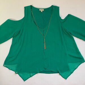 Lily White womens green sheer cold shoulders top shirt blouse sz L